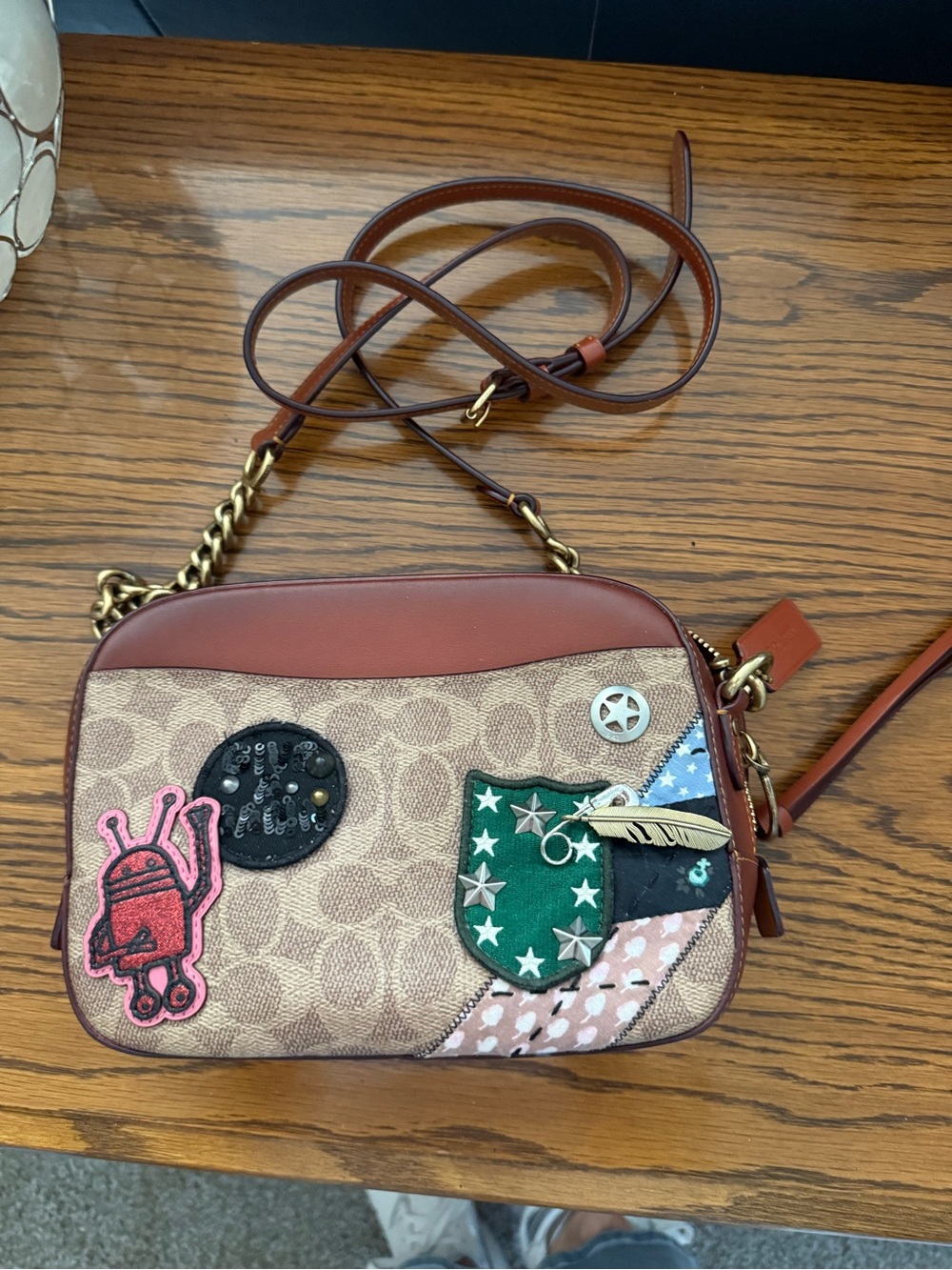Coach Tan Signature Canvas Crossbody with Pink and Green Patch Accents